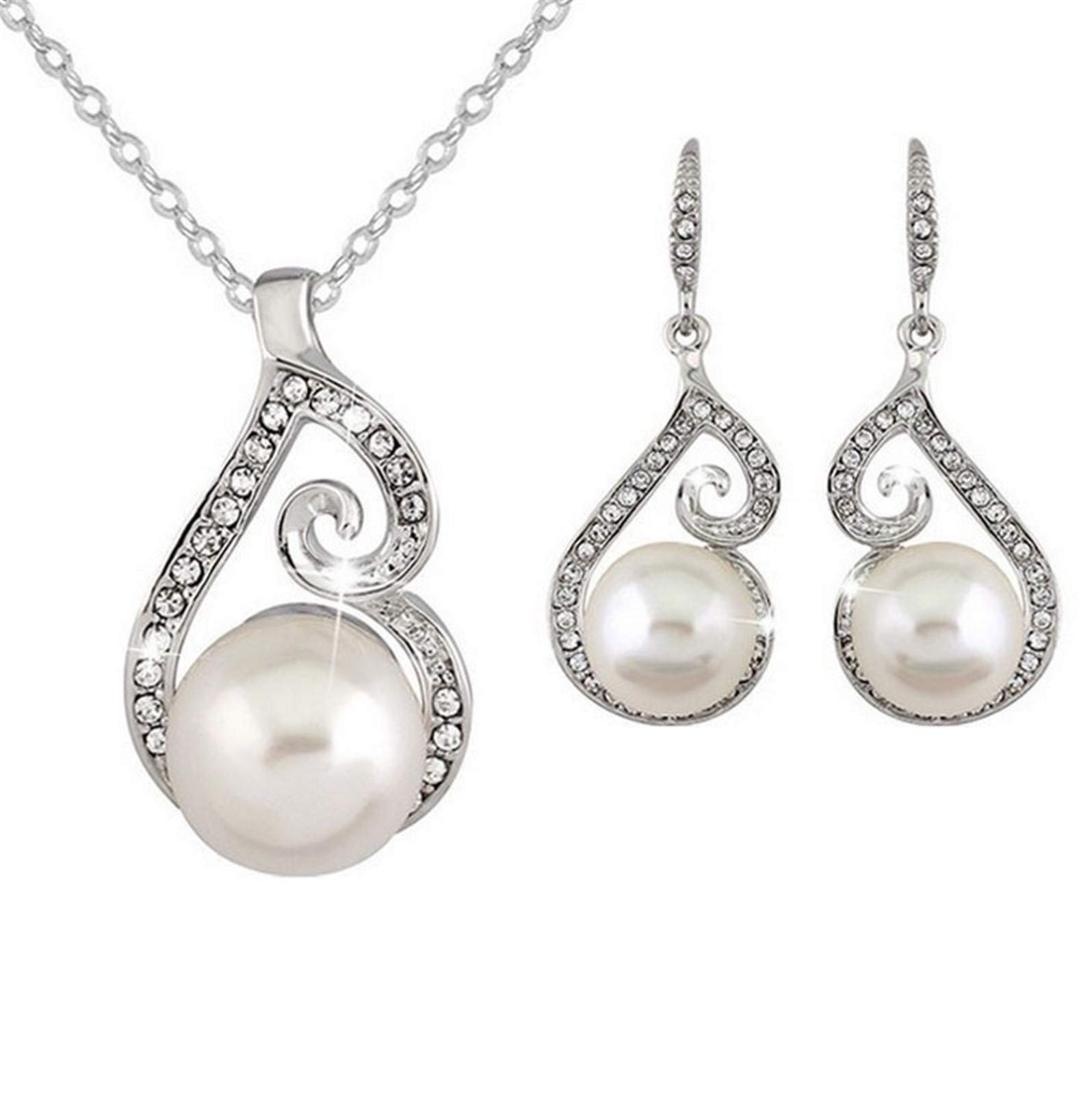 Trendy Diamond & Pearl Jewelry Set for Women - Korean Style Fashion Earrings (Silver, One Size) - Perfect for Parties, Weddings & Everyday Elegance