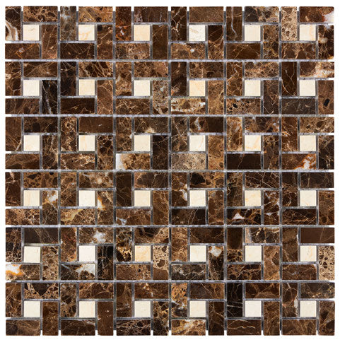 Emperador Dark Marble Pinwheel Mosaic Tile with Beige Dots - Polished Natural Stone for Kitchen Backsplash, Bathroom Wall, and Flooring Decor