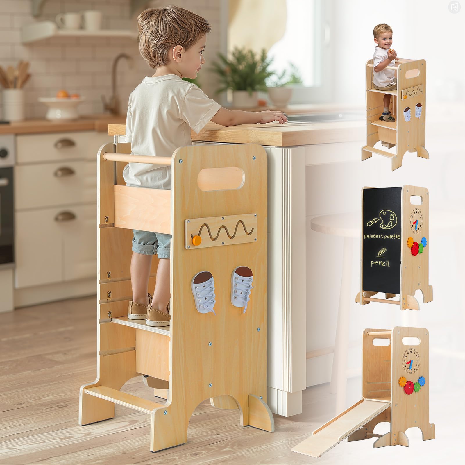 FlyingBoom 4-in-1 Adjustable Toddler Tower - Kitchen Step Stool Helper with Safety Board, Slide & Chalkboard | Montessori Learning Tower for Kids | Perfect for Cooking, Baking & Playtime Activities