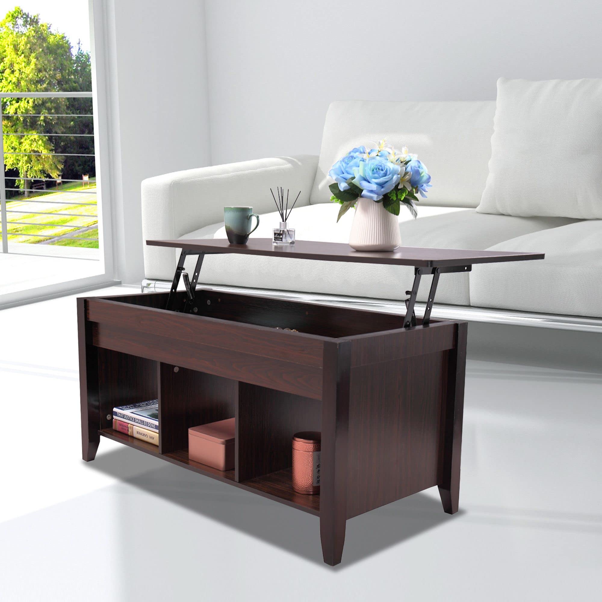 Modern Lift Top Coffee Table with Hidden Storage & Shelves - Dark Brown Lift-Up Cocktail Dining Table for Living Room | Space-Saving Design for Small Apartments & Entertaining Guests