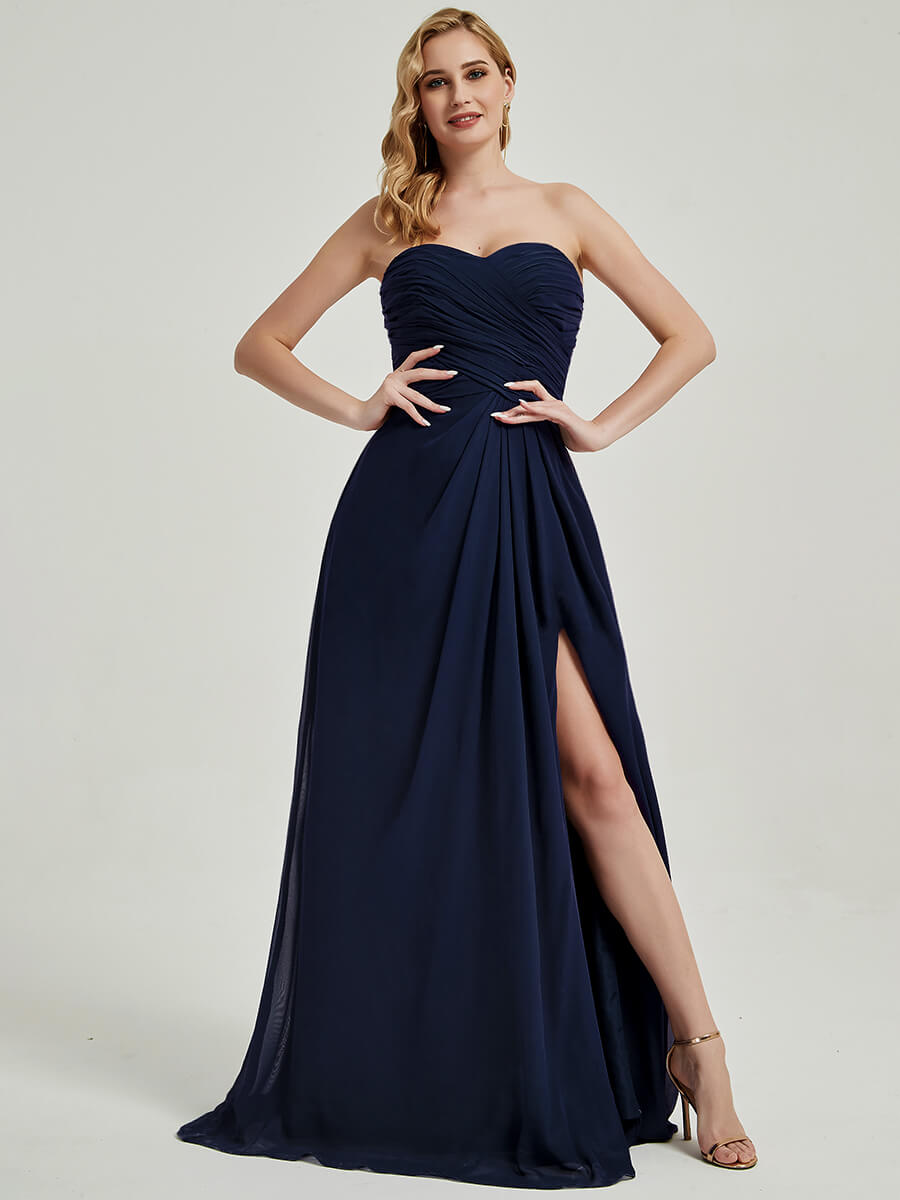 Elegant Dark Navy Strapless A-Line Floor Length Bridesmaid Dress with High Slit - Perfect for Weddings, Formal Events & Evening Parties