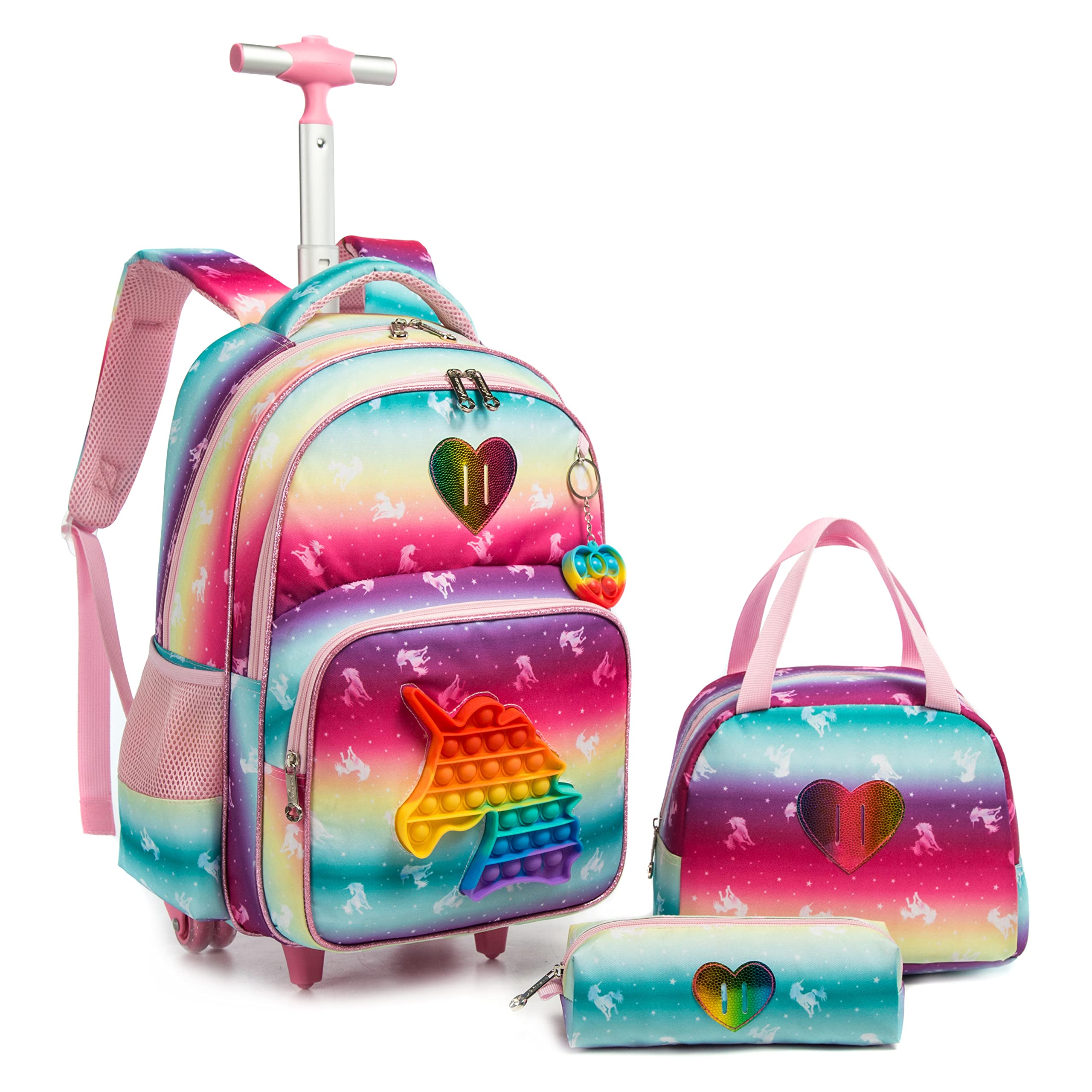 Meetbelify Unicorn Rolling Backpack for Girls - Wheeled School Backpack with Lunch Box & Pencil Case for Elementary Students - Perfect for Travel, School Trips & Daily Commute