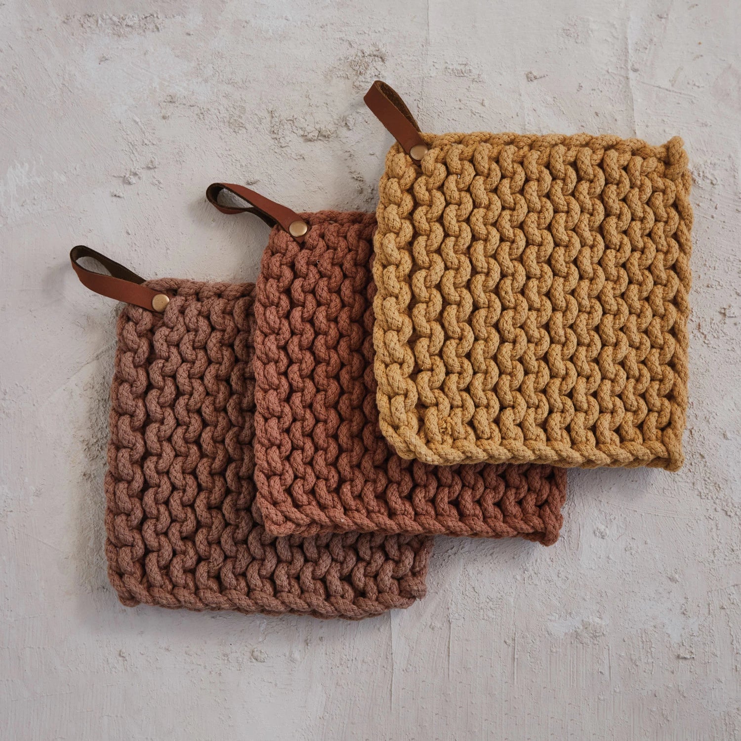 Fall Hues Crocheted Pot Holder with Leather Loop - Heat Resistant Kitchen Accessory for Cooking, Baking & Serving - Perfect for Thanksgiving & Christmas Gifts
