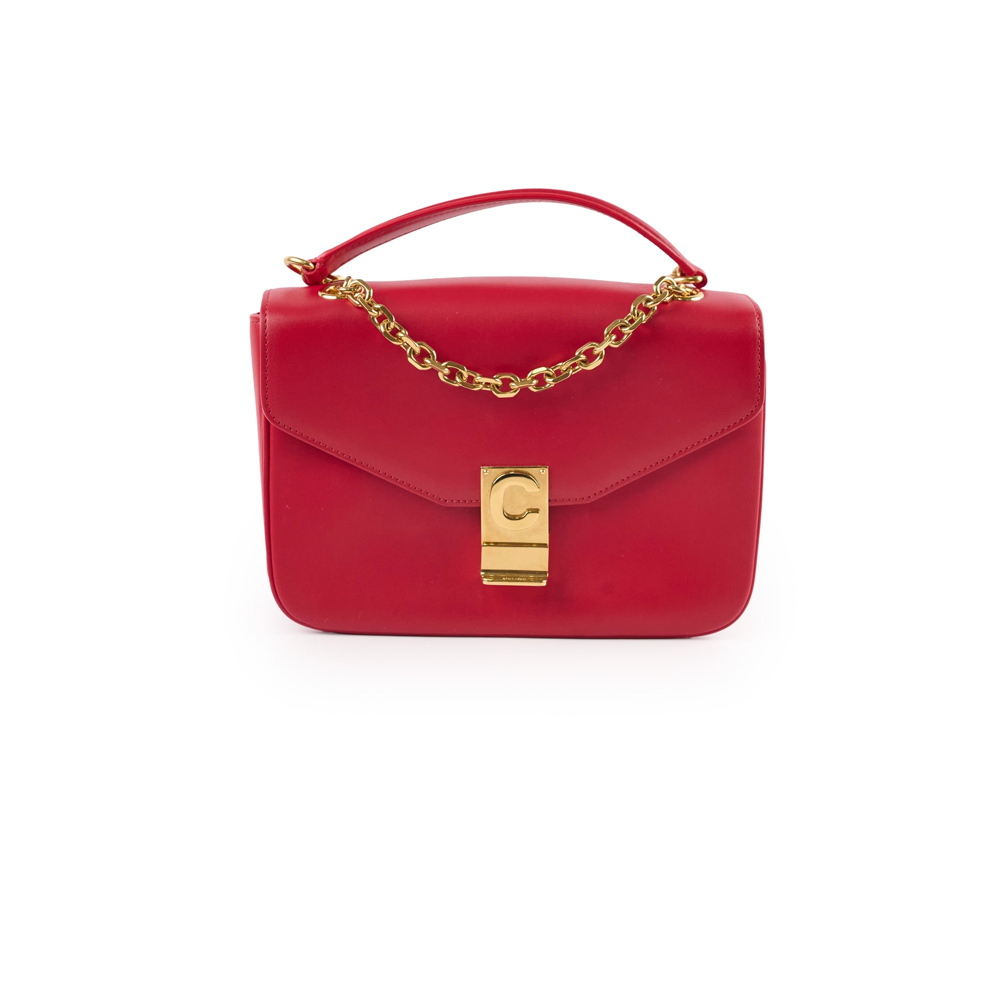Celine Red C Logo Bag Smooth Calfskin Leather Handbag for Women - Luxury Designer Shoulder Bag for Work, Party & Everyday Use
