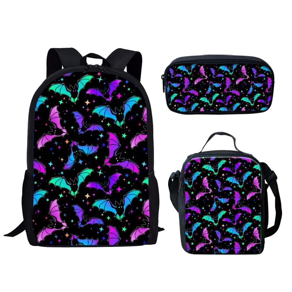 Bulopur 3-Piece School Backpack Set for Teens - Colorful Bats Design Durable Bookbag with Lunch Box & Pencil Case, Perfect for Girls & Boys - Ideal for School, Travel, and Daily Use