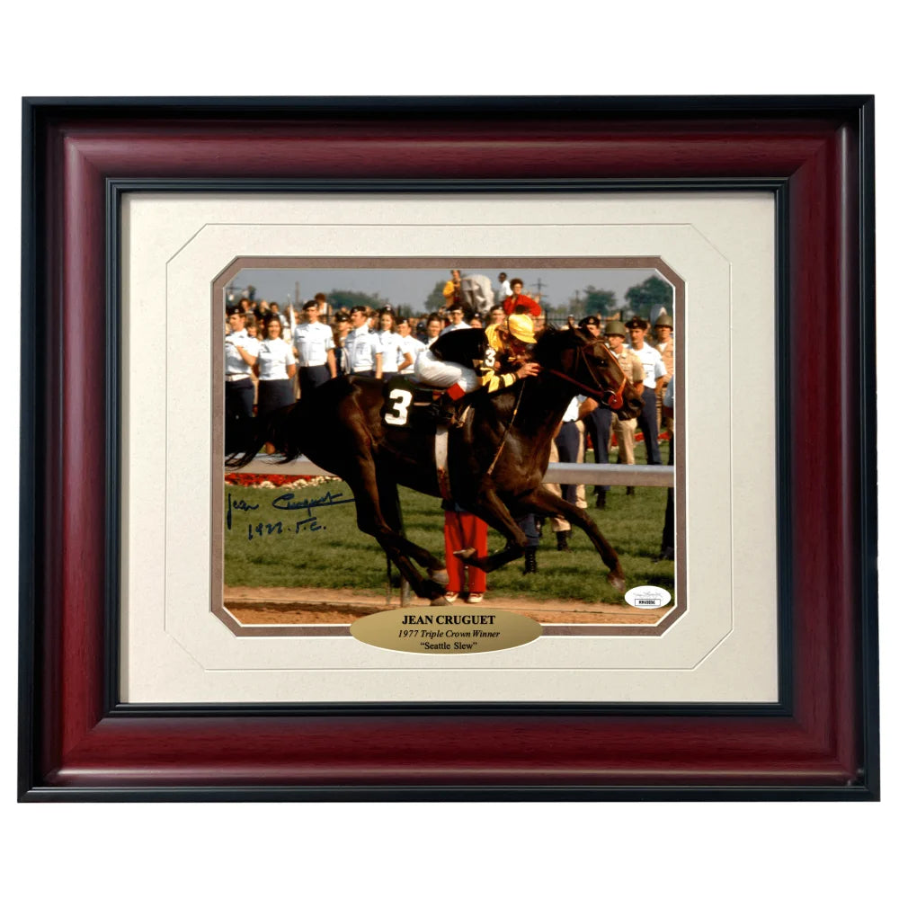 Authentic Jean Cruguet Autographed Seattle Slew 8x10 Framed Photo with JSA COA - Perfect for Horse Racing Memorabilia Collectors & Home Decor