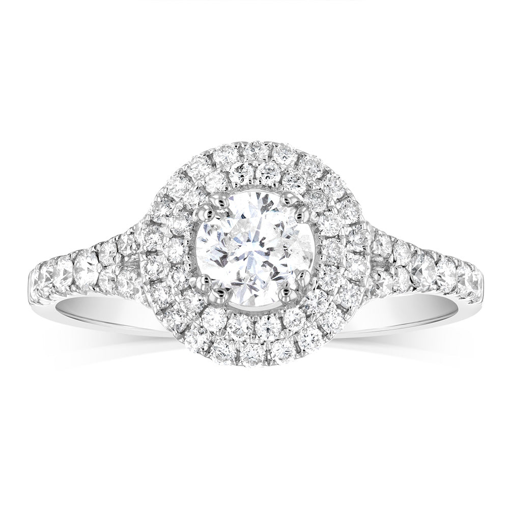 14K White Gold 1 Carat Brilliant Cut Diamond Solitaire Engagement Ring with Double Halo & Split Shank - Perfect for Proposals, Anniversaries & Special Occasions