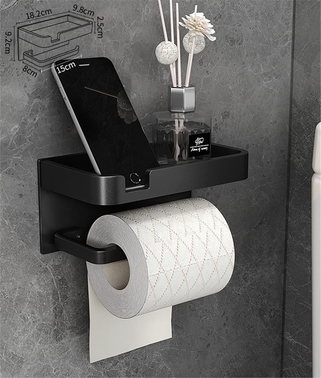 Aluminum Bathroom Paper Holder with Phone Shelf - Wall Mounted Toilet Paper Roll & Tissue Box Holder, Towel Rack for Bathroom Organization (Black) - Perfect for Small Bathrooms, Apartments & Modern Home Decor