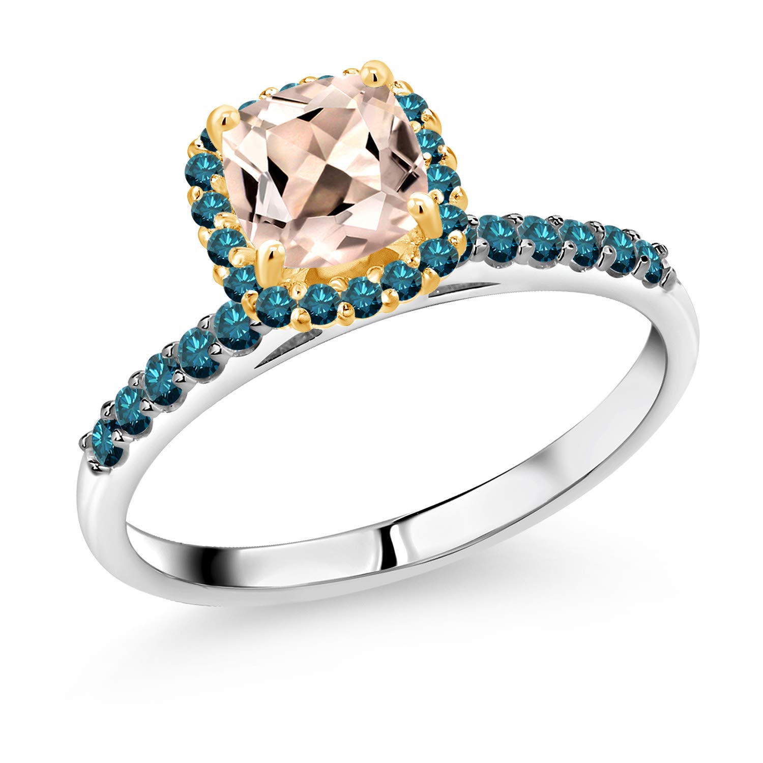 1.56 Ct Peach Morganite & Blue Diamond 10K White Gold Ring with Yellow Gold Prongs - Elegant Engagement, Wedding, Anniversary Jewelry Gift for Women