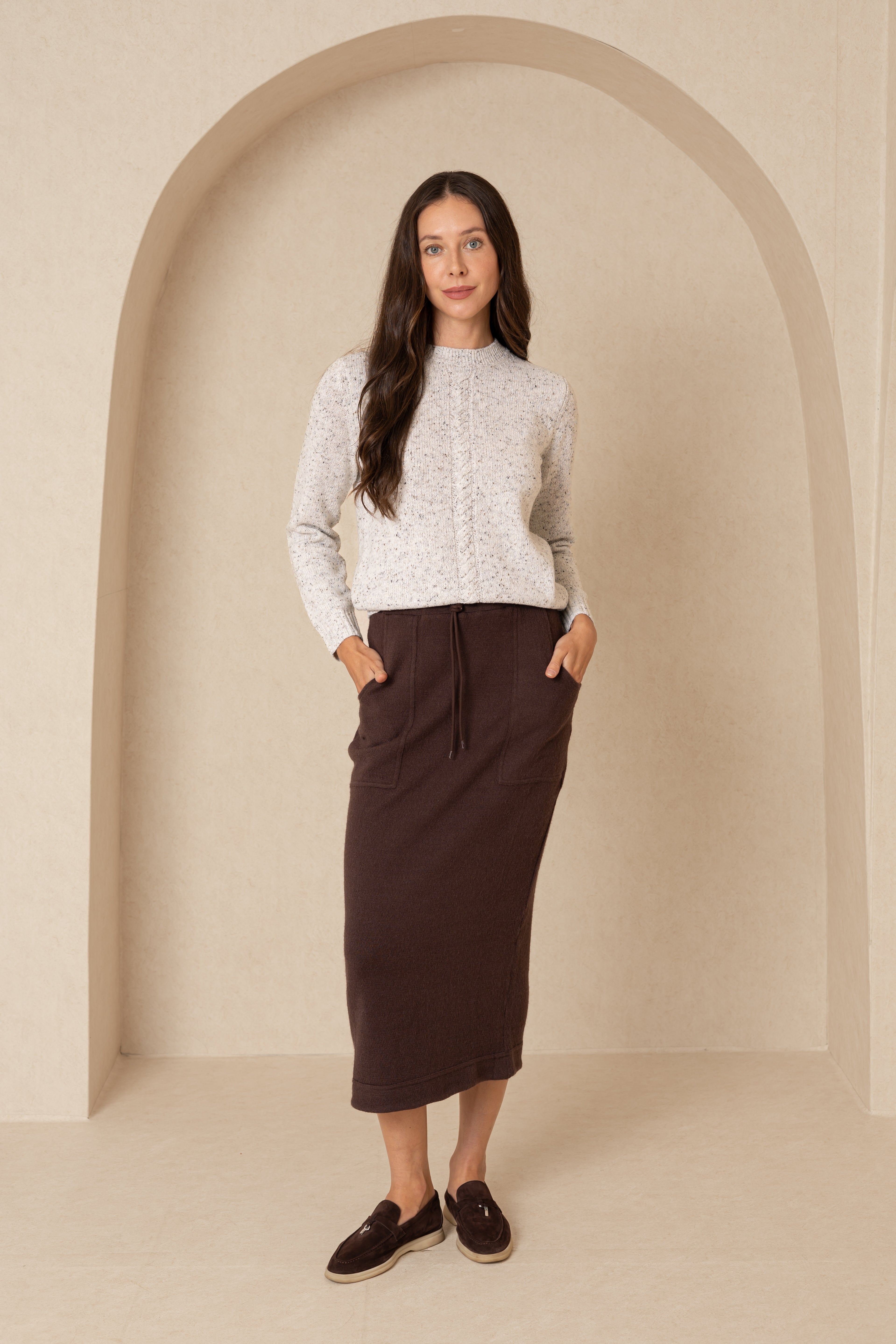 Brown Knit Drawstring Pocket Skirt for Women - Comfortable Stretchy Midi Skirt with Side Pockets - Perfect for Casual Wear, Office Outfits and Fall Fashion