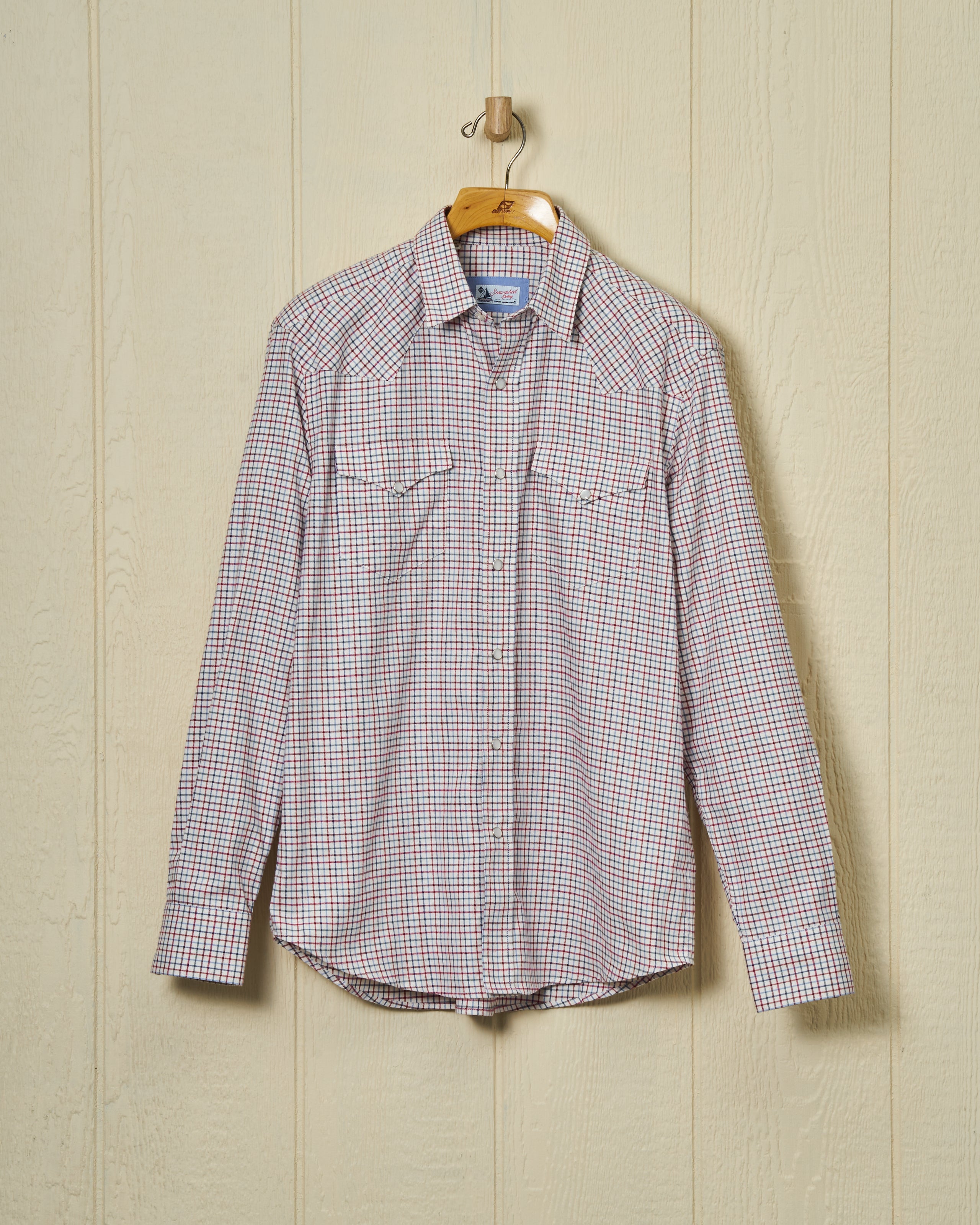 Western Sea Washed Denim & Wine Tattersall Shirt for Men - Casual Button Down Shirt for Outdoor Adventures, Beach Wear and Everyday Style
