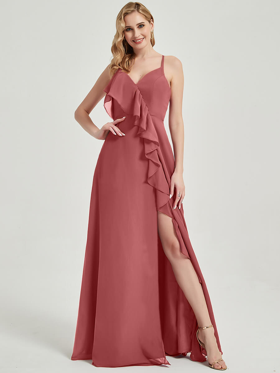 Elegant Desert Rose Criss Cross Straps Ruffles Slit Chiffon Bridesmaid Dress - Perfect for Weddings, Formal Events & Special Occasions