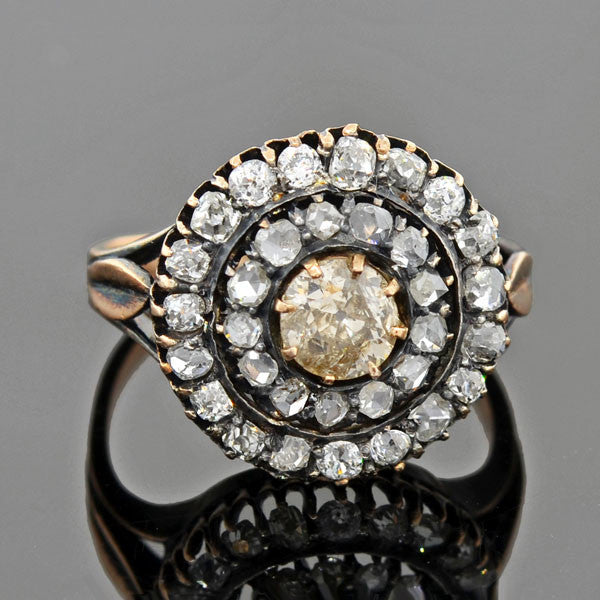 18kt Gold Mine & Rose Cut Diamond Double Halo Cluster Ring - 1.90ctw Total Weight - Elegant Engagement, Wedding & Anniversary Jewelry Gift