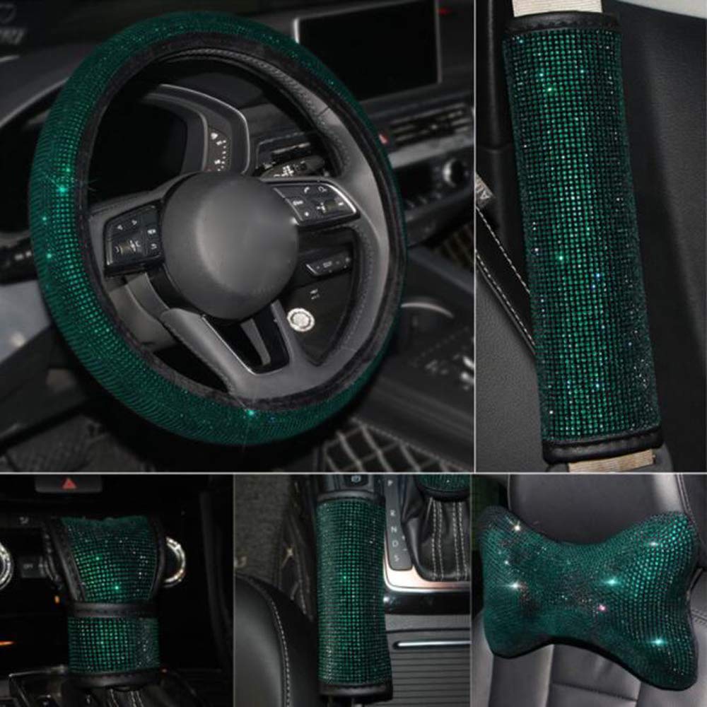 15 Inch Carmen Emerald Bling Steering Wheel Cover Set - Includes 2Pcs Shoulder Pads, Handbrake Cover, Gear Shift Cover, Rearview Mirror Cover, Armrest Pad, 2Pcs Headrest Hooks & 2Pcs Neck Rest Pillows | Luxury Car Accessories for Women, Perfect for Sedans, SUVs & Road Trips