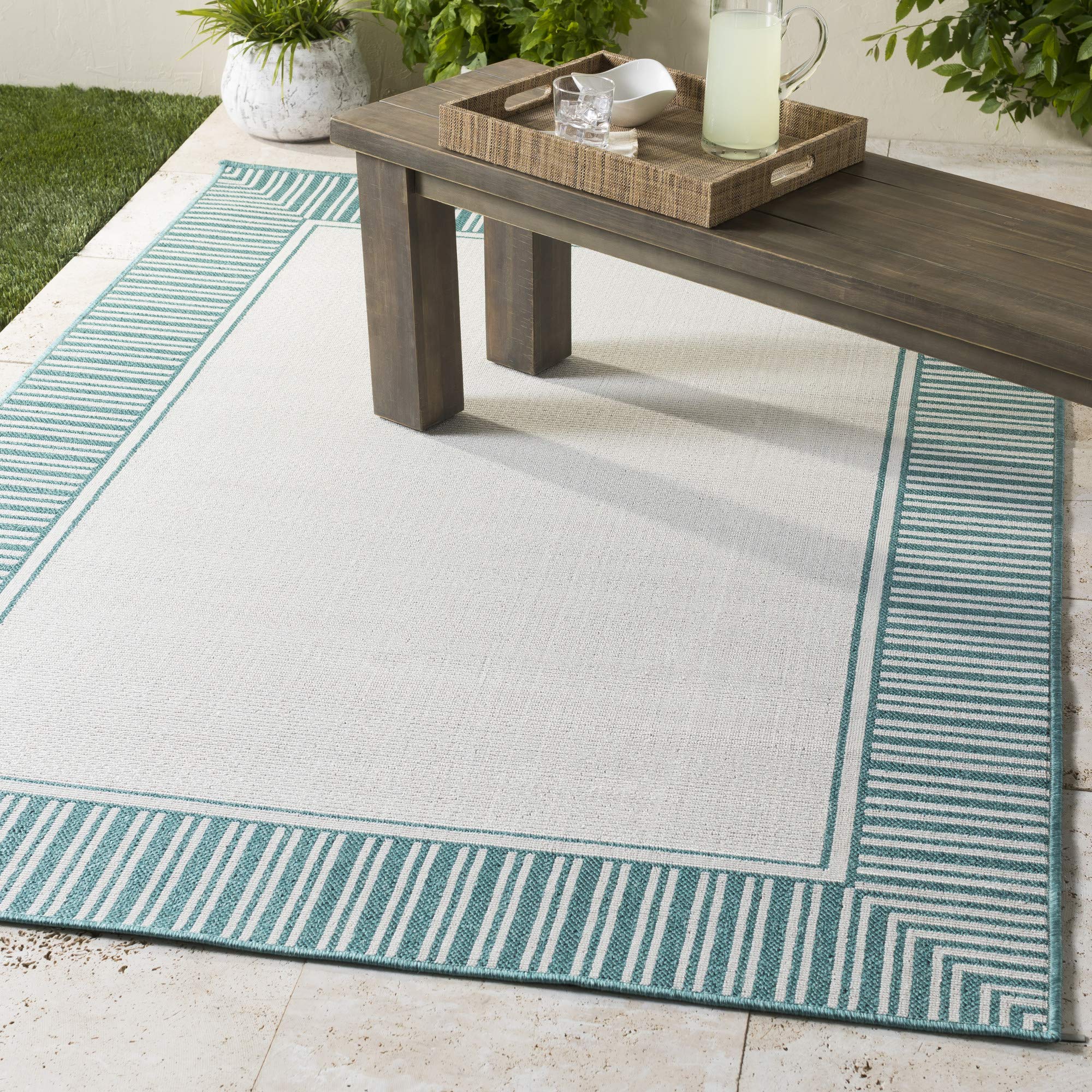 Premium Hampshire Solid Border Outdoor Area Rug - All-Weather, UV-Resistant, Non-Slip Backing - Perfect for Patio, Deck, Poolside & Garden Decor