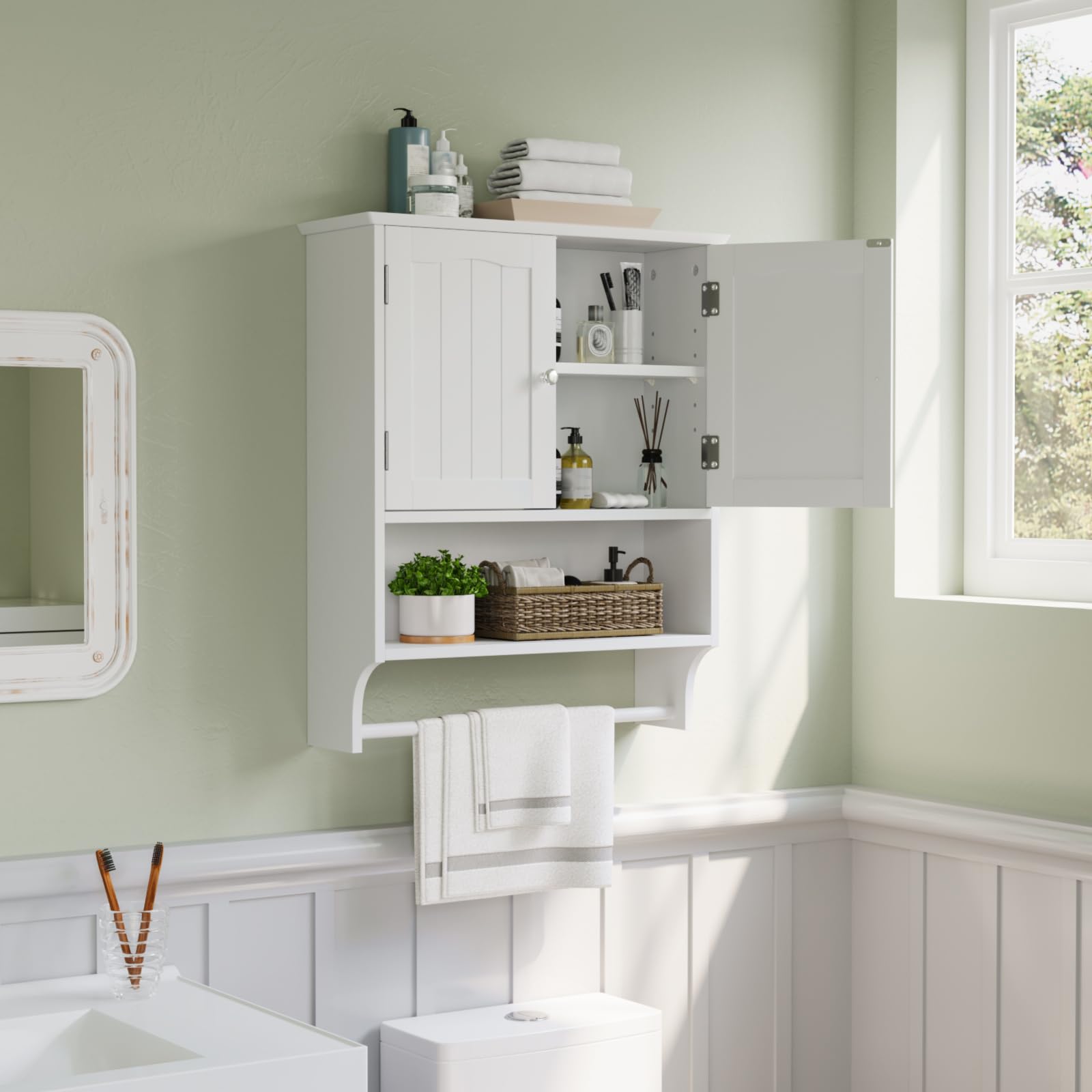 Smuxee White Wall Mounted Bathroom Cabinet with Towel Bar - Adjustable 2-Door Medicine Cabinet with Shelves for Bathroom, Laundry Room & Kitchen - Perfect for Small Spaces & Organized Storage