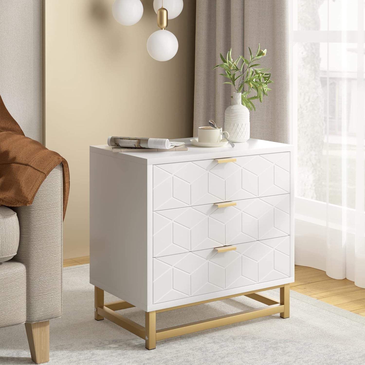 GAOMON White 3-Drawer Wooden Dresser with Metal Legs - Modern Bedroom Storage Cabinet for Clothes, Bedding & Accessories | Perfect for Bedroom, Living Room, Hallway & Closet Organization