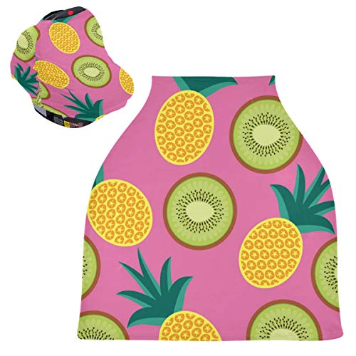 Stretchy Baby Car Seat Canopy - Pineapple Kiwi Print Infant Car Seat Cover, Universal Stroller Cover & Nursing Cover for Girls | Perfect for Outings, Travel & Breastfeeding in Public