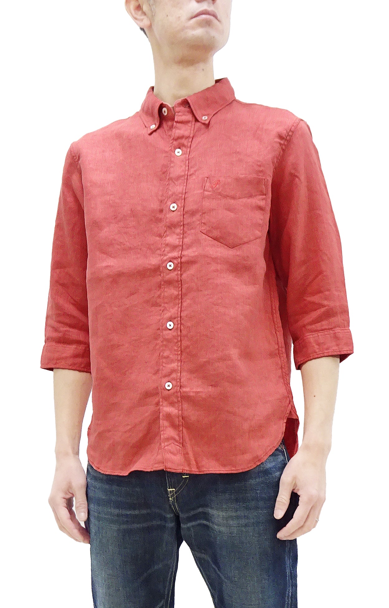 Pherrow's Men's Casual Linen 3/4 Sleeve Button-Up Shirt with Button-Down Collar - Plain Salmon Color (24S P7BD1) for Summer Outfits & Smart Casual Wear