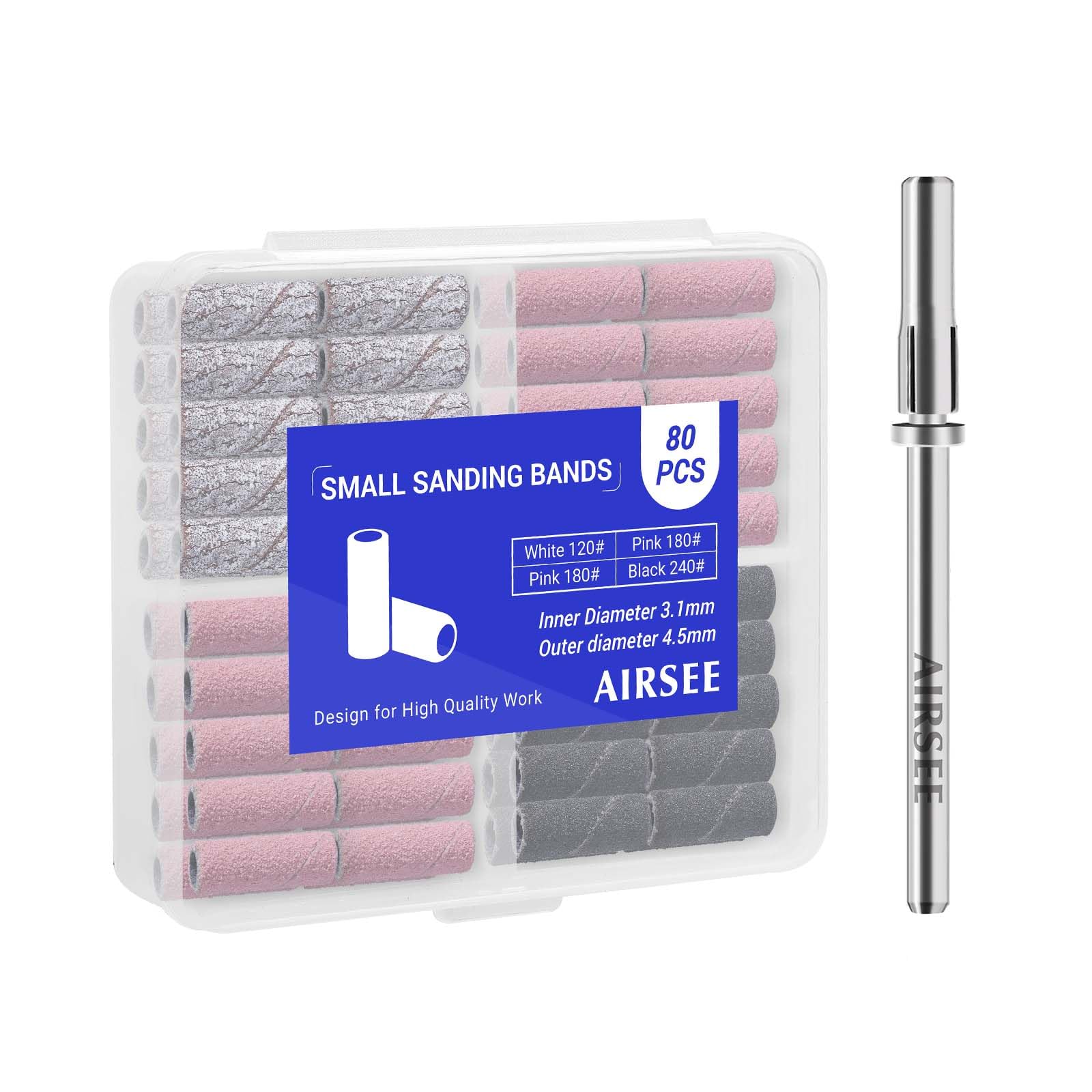 Professional AIRSEE 3.1mm Small Sanding Bands for Electric Nail Drill - 80 Piece Set with 120/180/240 Grit - Acrylic Nail File Attachments & 1 Mandrel Bit - Mini Sander for Manicure & Pedicure (White, Pink, Black) - Perfect for Salon, Home Nail Care & DIY Beauty