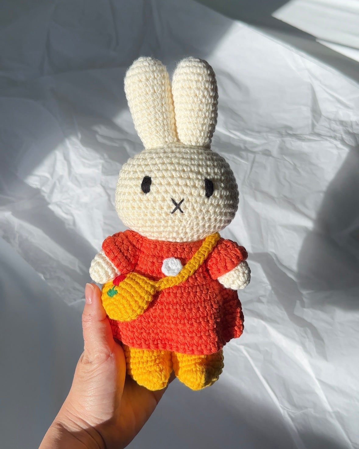 Handmade Miffy Crochet Plush Doll with Red Dress, Tulip Bag & Yellow Shoes | Kawaii Dutch Collectible, Soft Stuffed Animal Toy for Girls | Perfect Gift for Birthday, Nursery Decor & Anime Lovers Collection