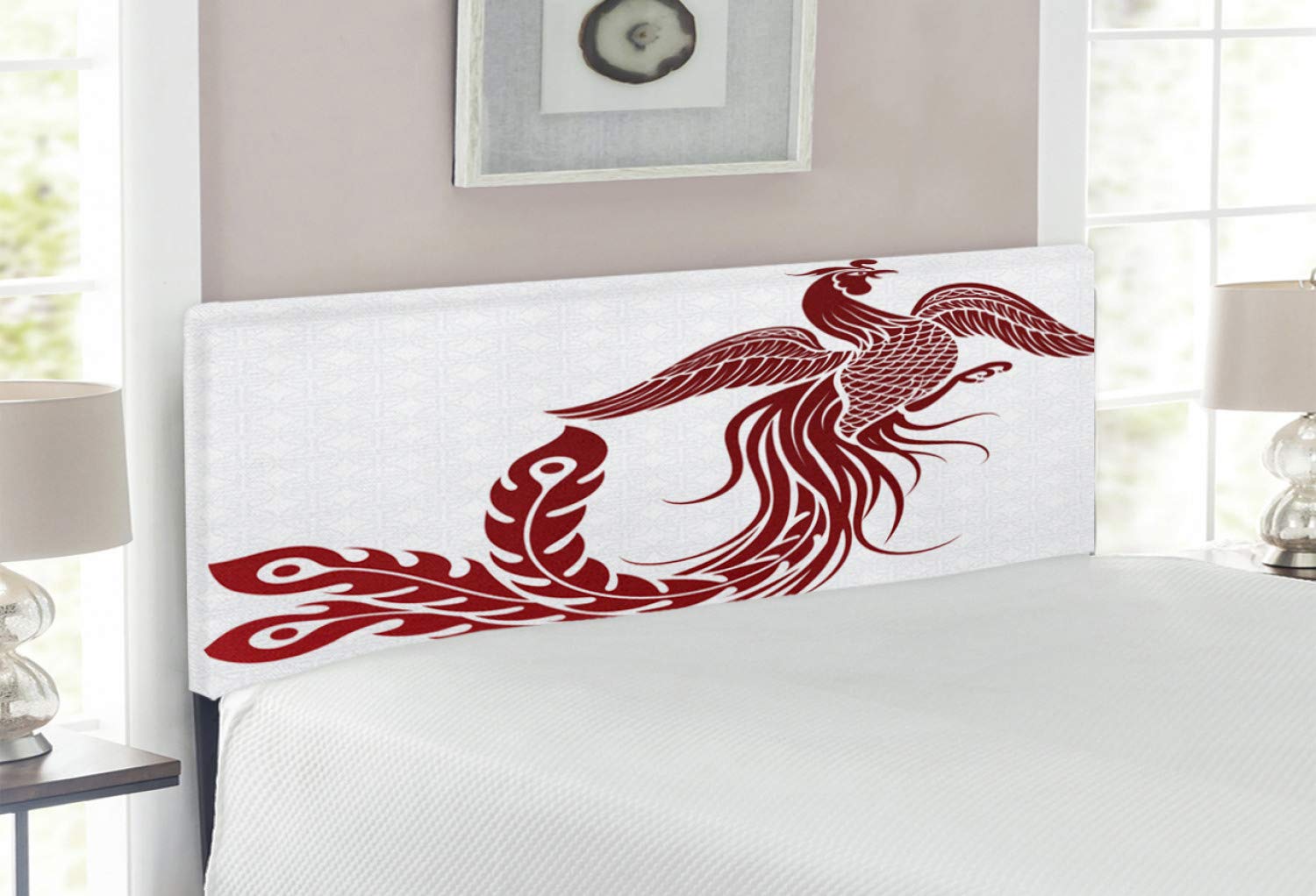 Ambesonne Full Size Upholstered Metal Bed Headboard with Memory Foam - Traditional Chinese Phoenix Design with Majestic Wings & Peacock Feathers, Boho Style in Ruby White - Perfect for Bedroom Decor & Bohemian Home Interiors