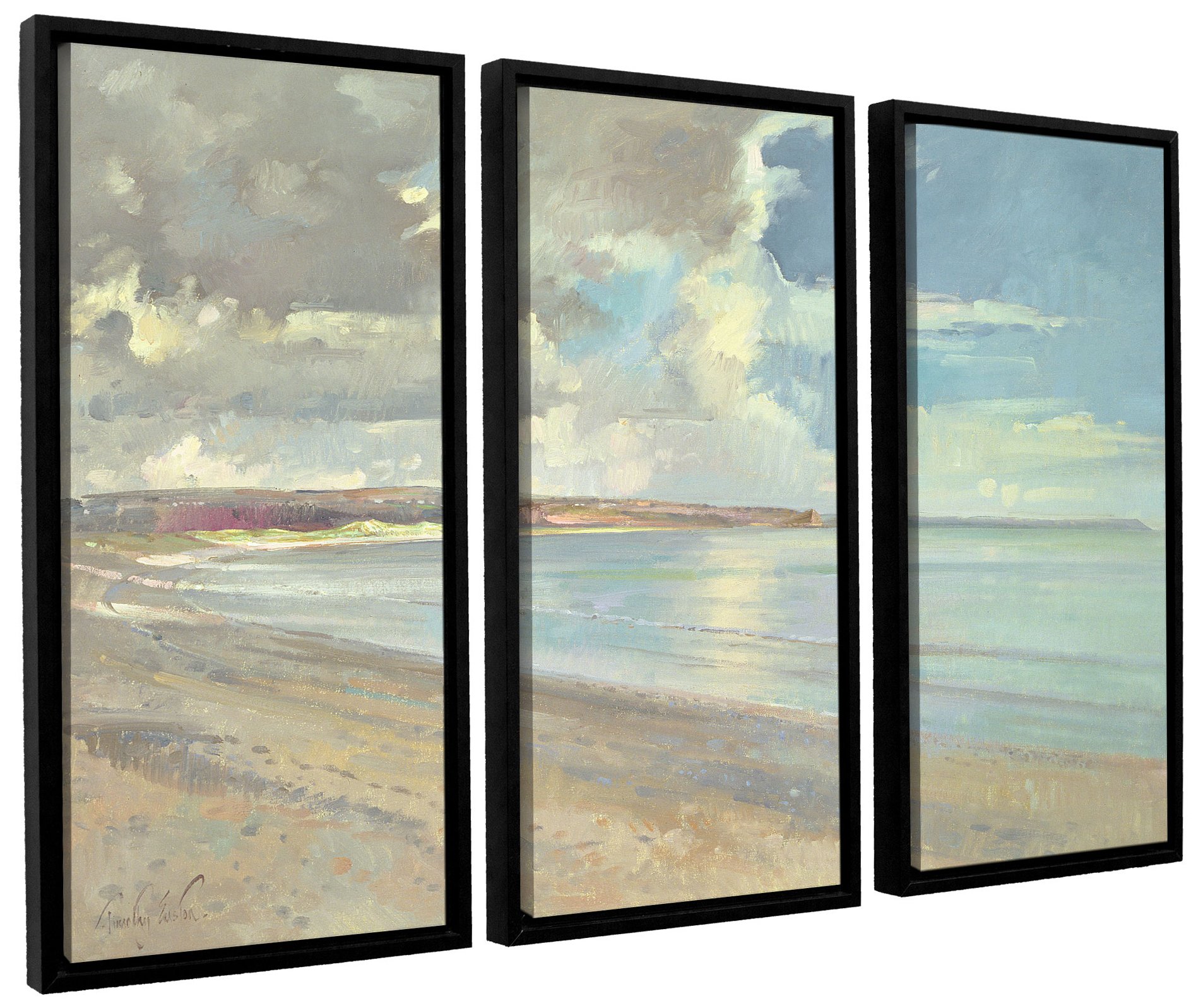 Timothy Easton 'Reflected Clouds, Oxwich Beach, 2001' 3-Piece Floater Framed Canvas Wall Art Set - 24x36 Inches - Coastal Landscape Painting for Living Room, Bedroom & Office Decor