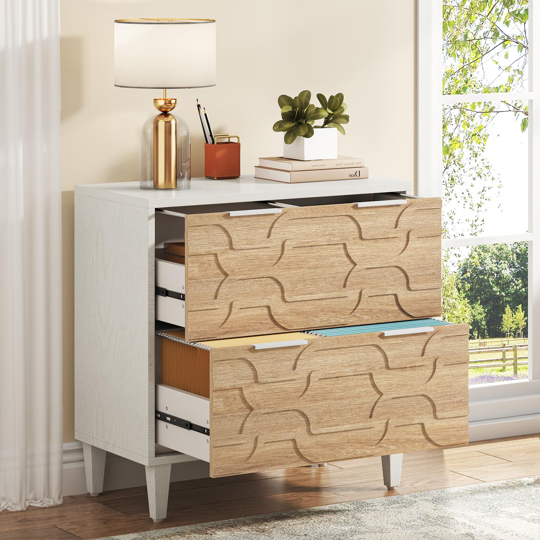 Tribesigns 2-Drawer Lateral File Cabinet for A4 Letter Legal Size Documents - Office Storage Cabinet with Printer Stand - Walnut & White Home Office Furniture for Workspace Organization