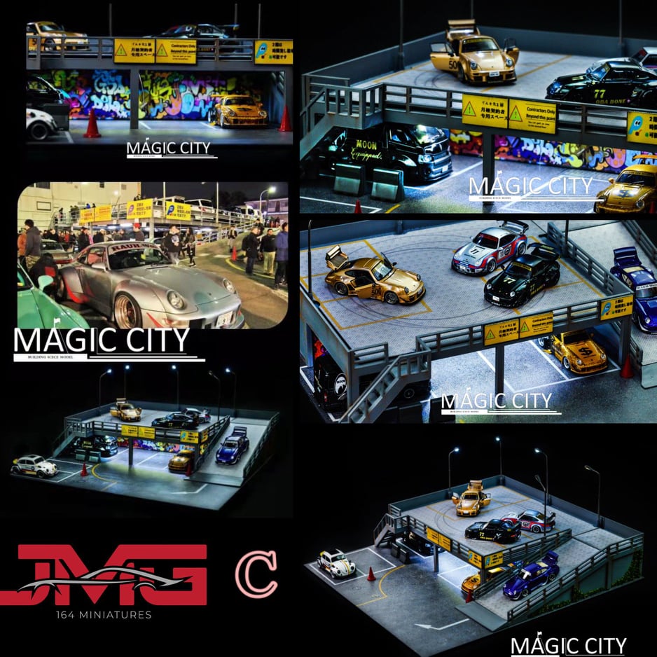 1:64 Scale Magic City Roppongi New Year Double Decker Bus Parking Lot Diorama - Perfect for Model Car Displays, Toy Photography & Miniature City Scenes