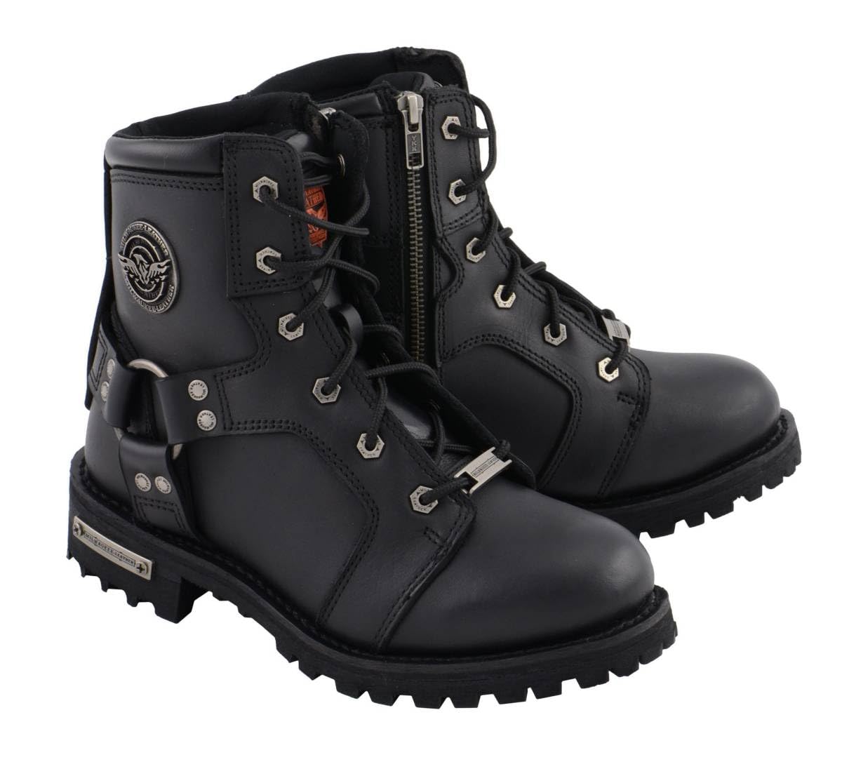 Milwaukee Leather Women's Black 8-Inch Motorcycle Boots - Genuine Leather Lace-Up Harness Boots with Side Zipper (MBL9302) - Perfect for Riding, Biker Events & Casual Wear