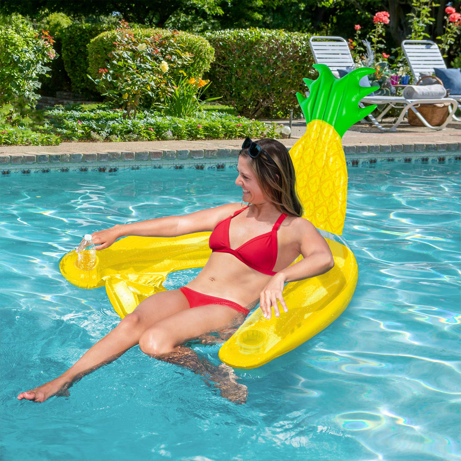 Poolmaster Pineapple Shaped Floating Water Chair - Inflatable Pool Lounger for Adults & Kids - Perfect for Relaxing in Swimming Pools, Lakes, and Beaches