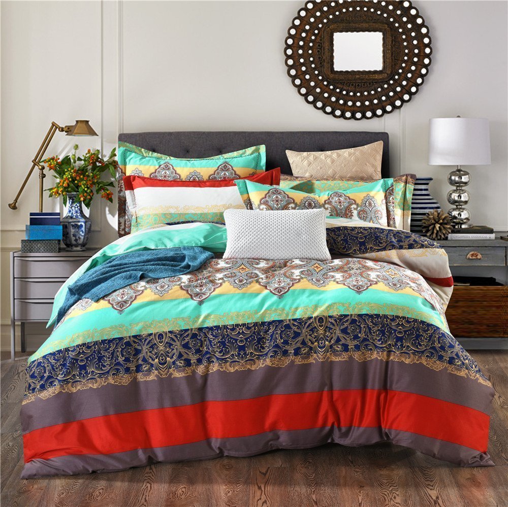Boho Style Bedding Set 4-Piece - Queen Size Duvet Cover & Pillowcases, Bohemian Floral Print, Soft Cotton - Perfect for Bedroom Decor, Guest Room, and Boho Chic Home Styling