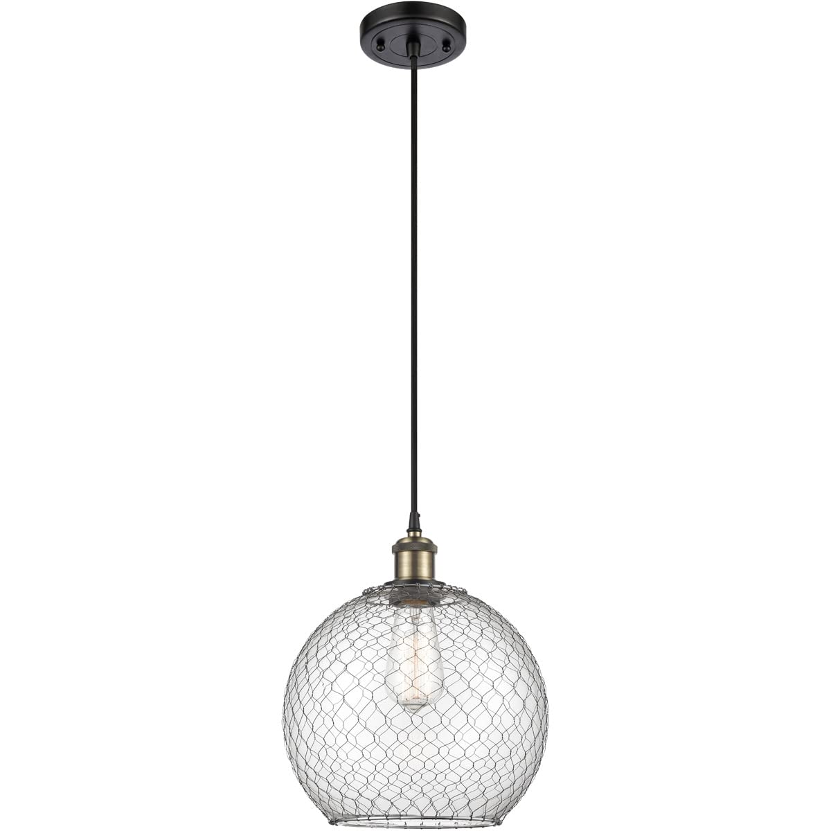 Large Farmhouse Chicken Wire 1 Light Mini Pendant - Black Antique Brass - Ballston Collection - Rustic Kitchen Island Lighting & Dining Room Decor