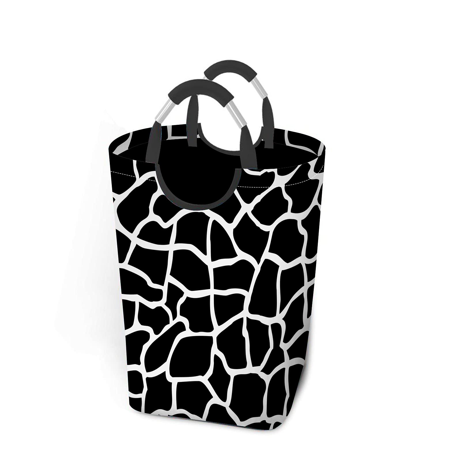 Beabes Folding Laundry Hamper with Aluminum Handle - Black Giraffe Skin Pattern Storage Basket for Bathroom, Dorm & Closet (Square) | African Animal Print Washing Bin for Home Organization & Decor