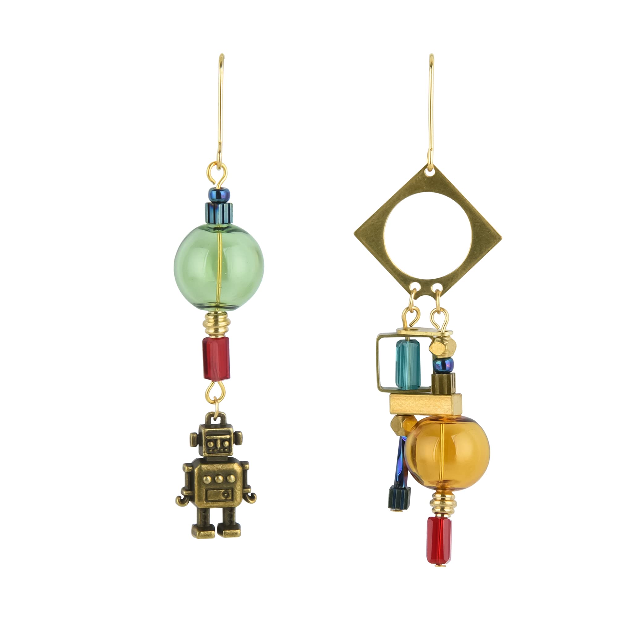 Steampunk Earrings for Women - Industrial Robot Mismatched Dangle Earrings with Yellow Glass Balls | Vintage Gothic Jewelry for Cosplay, Halloween & Alternative Fashion
