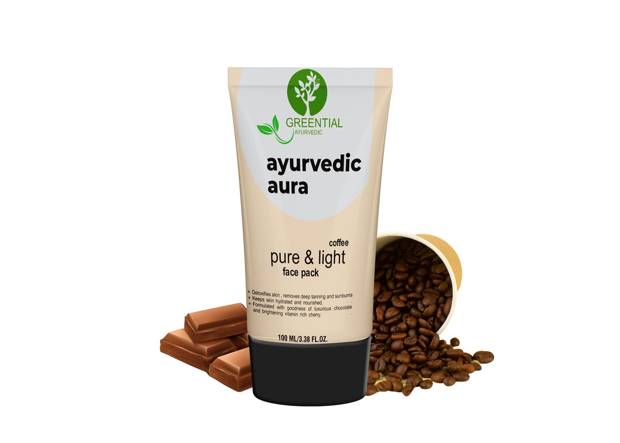 GREENTIAL AYURVEDIC Aura Coffee Face Pack 100ml - Cocoa, Coffee & Aloe Vera Infused for Deep Cleansing, Brightening & Detoxifying - Smoothens Skin with Natural Ingredients - Perfect for Morning Skincare Routine & Spa Days