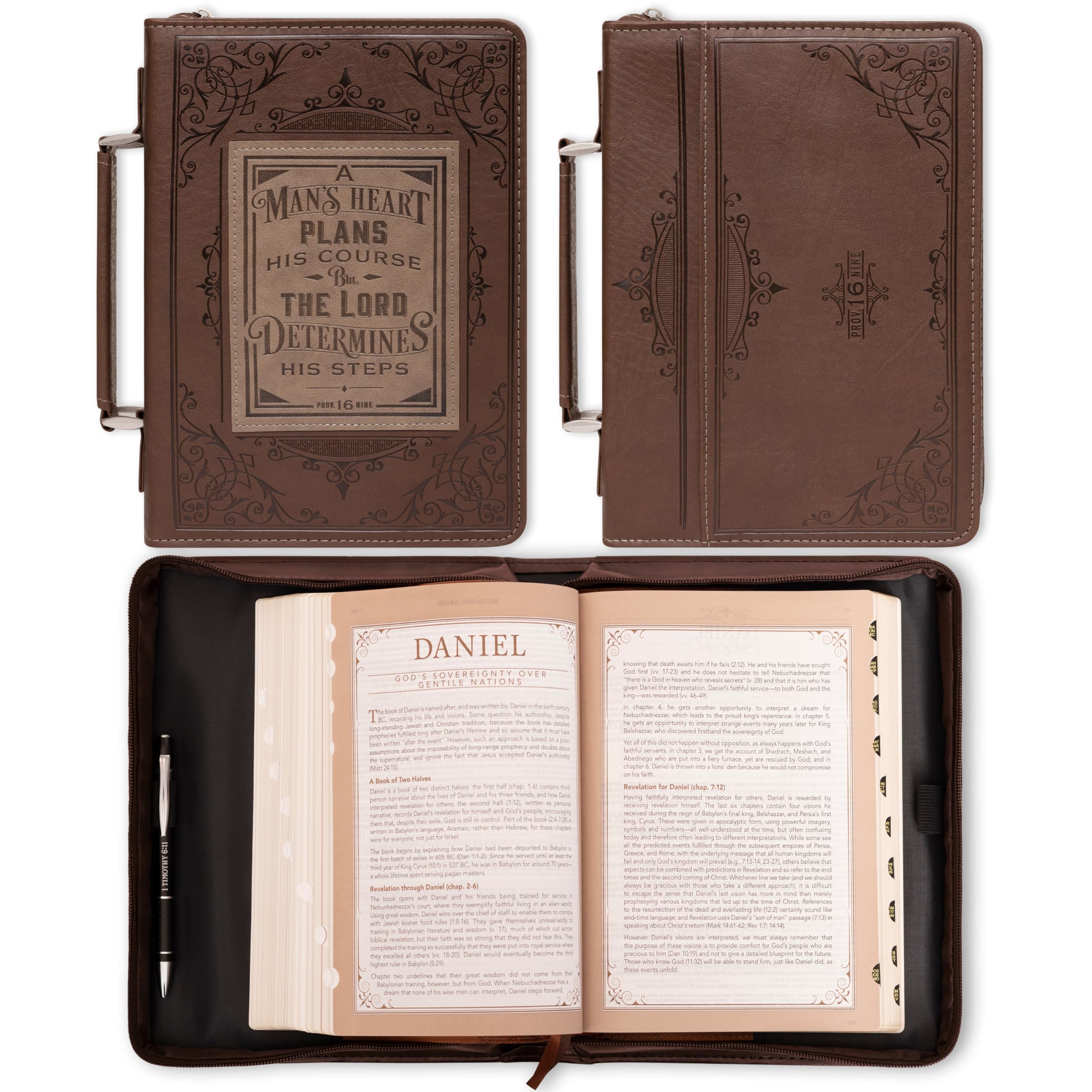 Christian Art Gifts Brown Faux Leather Bible Cover with Proverbs 16:9 Engraving - XL Size Scripture Book Protector for Men & Women - Perfect for Church, Bible Study & Daily Devotion