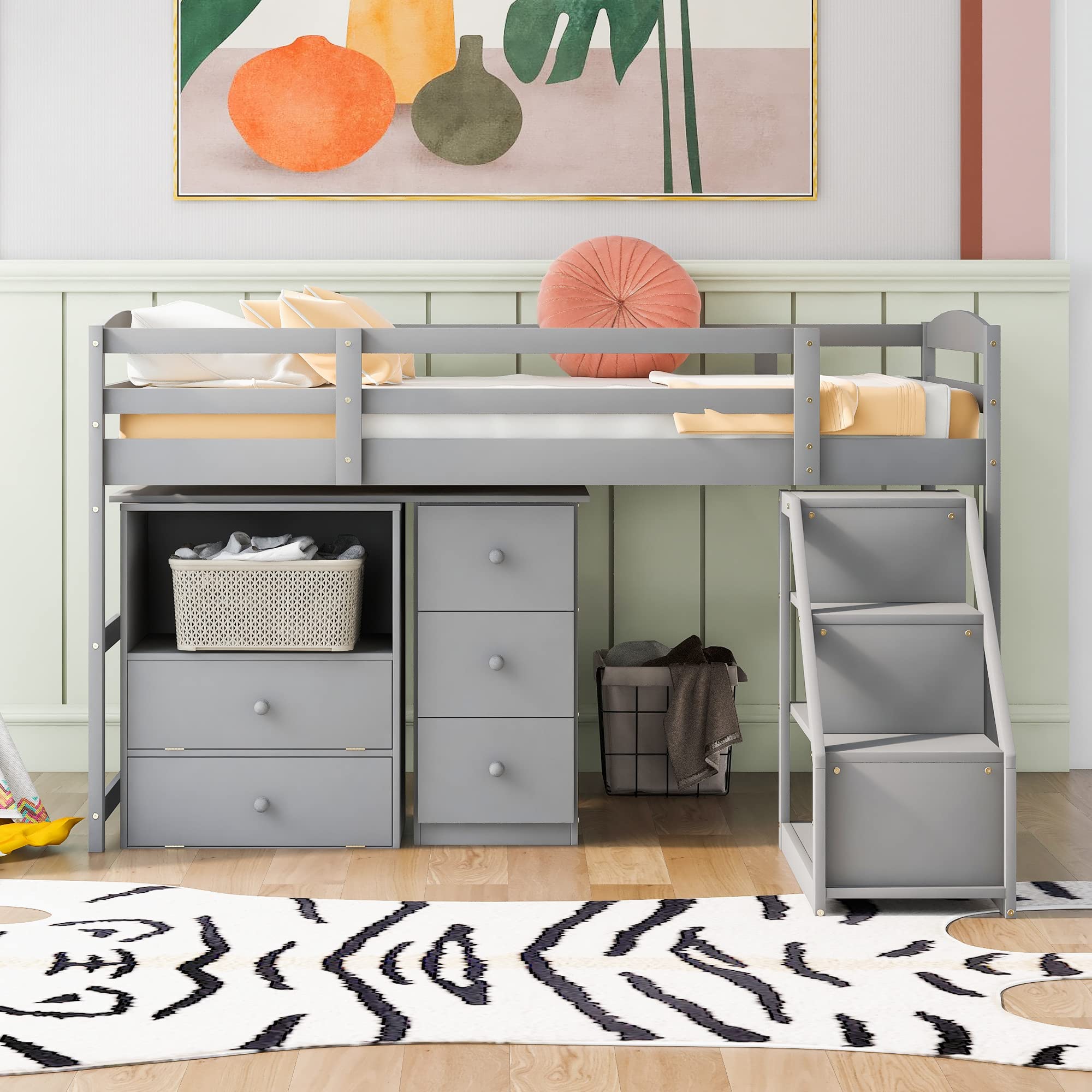 Twin Size Low Loft Bed with Staircase & Movable Desk - Space Saving Kids Bed with 5 Drawers, Full-Length Guardrails - Versatile Gray Study & Sleep Solution for Small Rooms, Dorms & Apartments