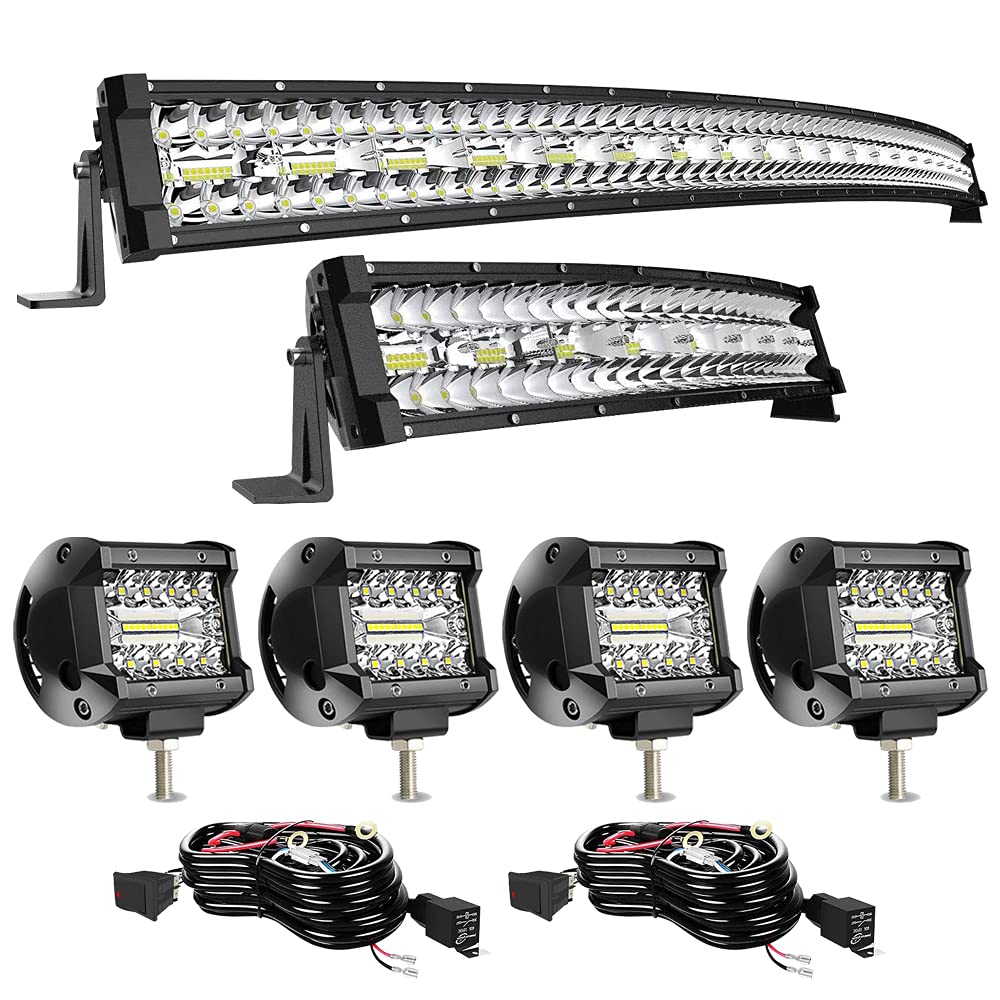 52 Inch LED Light Bar 1125W 97500LM Curved Combo with 22 Inch Light Bar & 4 Inch Light Pods - Waterproof Off-Road LED Driving Lights for Jeep, Dodge, Trucks, Pickup, ATV, UTV, SUV - Perfect for Night Off-Roading, Camping & Boat Lighting
