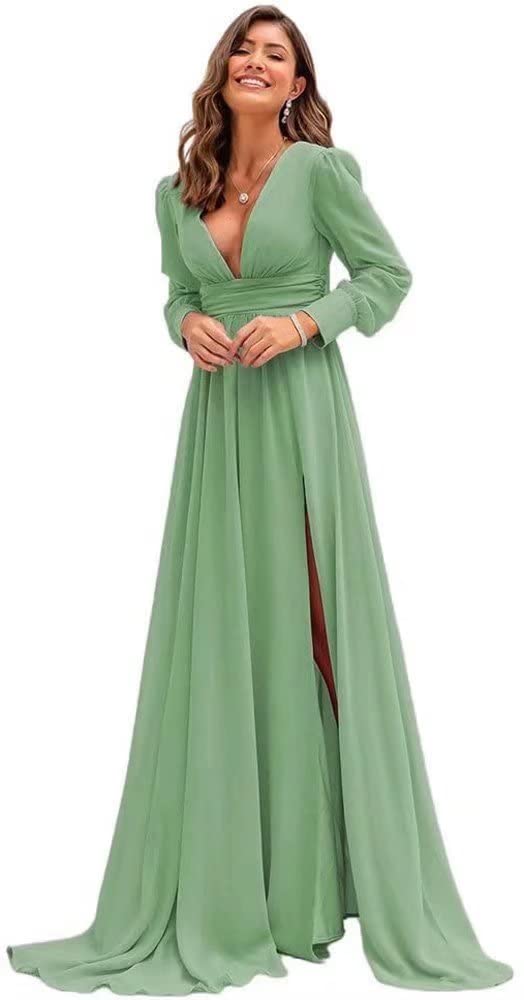 FANGHEIA Women's V-Neck Long Sleeve Chiffon Bridesmaid Dress with Slit - A-Line Pleated Formal Evening Gown for Prom, Wedding Party & Special Occasions