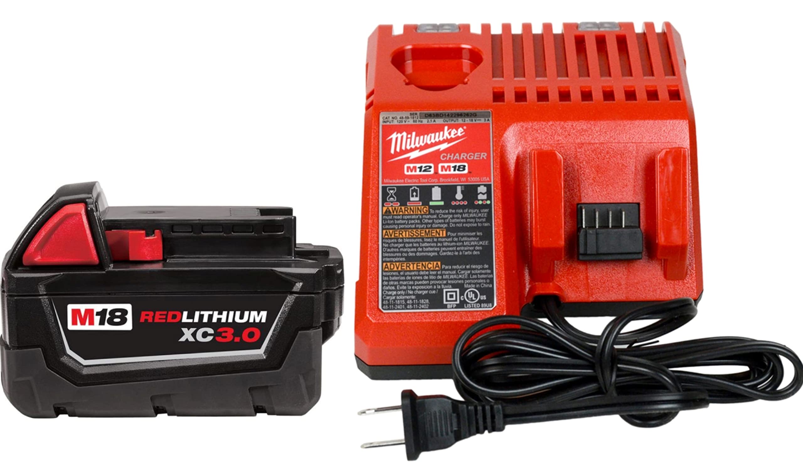 Milwaukee M18 18V 3.0Ah Lithium-Ion Battery Pack with 48-59-1812 Charger - Power Tools Replacement Battery for Drills, Saws & Outdoor Equipment - Perfect for Construction, DIY Projects & Home Improvement