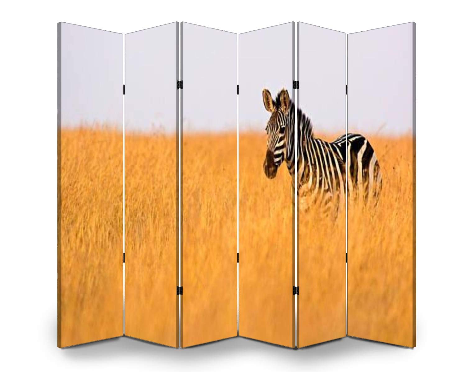 6-Panel Folding Room Divider Screen - Zebra in African Grassland Print - Freestanding Privacy Partition for Indoor/Outdoor Use - Home Office, Event Space & Nursery Separator