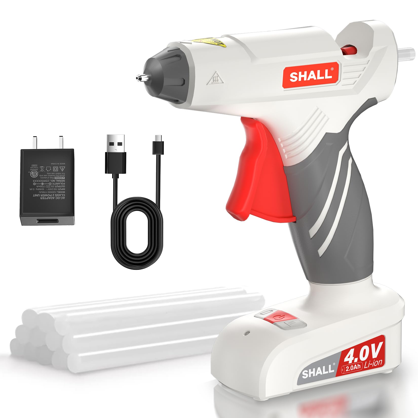 SHALL 4V Cordless Hot Glue Gun Kit - 15s Fast Heating Wireless Glue Gun with 12 Mini Glue Sticks, 2Ah Rechargeable Battery & Fast Charger - Smart Auto Power-Off for DIY Crafts, Home Repairs & School Projects (White)