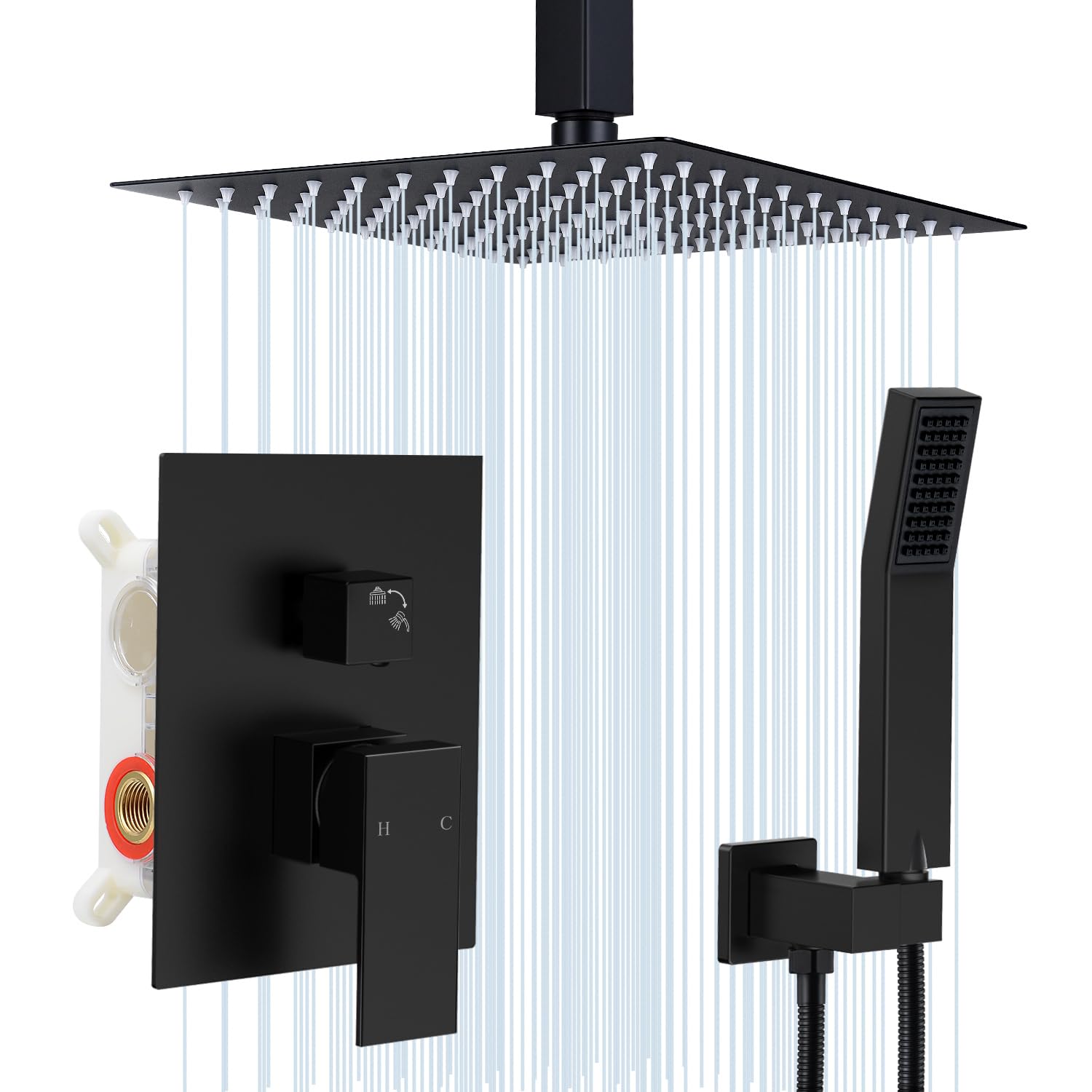 10 Inch Square Ceiling Mount Rainfall Shower System - SUS304 Stainless Steel Shower Faucet Set with Black Trim Kit for Modern Bathroom | Perfect for Spa-Like Experience & Luxury Home Renovation