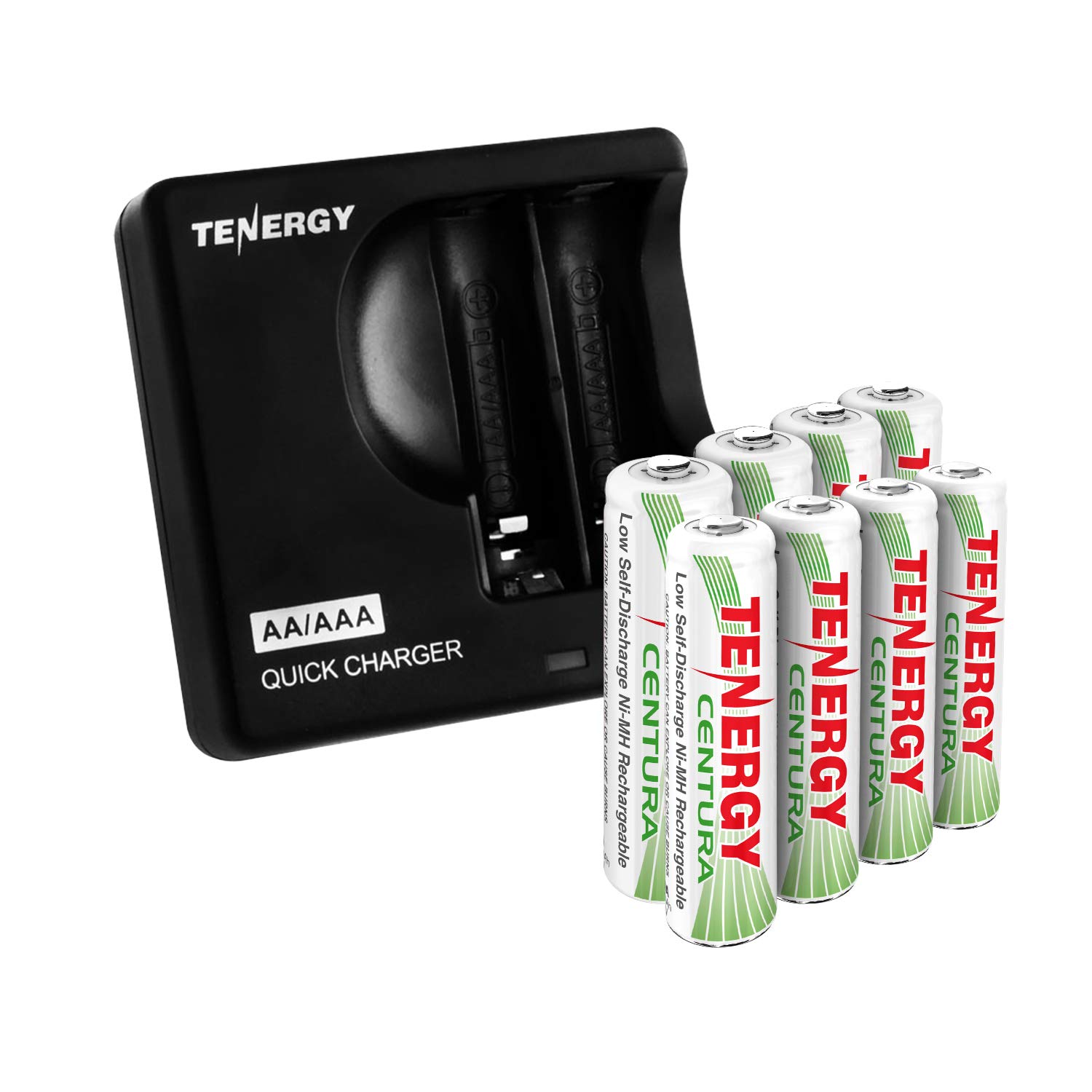 Tenergy TN142 2-Bay Fast Charger with 4xAA & 4xAAA NiMH Low Self-Discharge Rechargeable Batteries - Perfect for Cameras, Toys, and Home Electronics