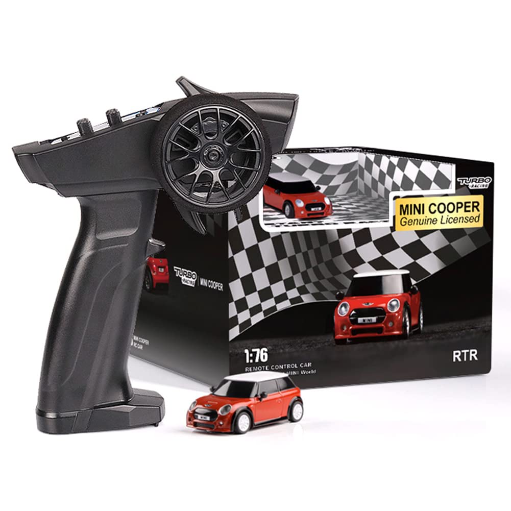 1:76 Turbo Racing Scale RC Sport Car - Remote Control Mini Model Car, Full Proportional RTR Kit Toys (BMW Mini Red) - Perfect for Indoor Racing, Tabletop Competitions & Collectors Display