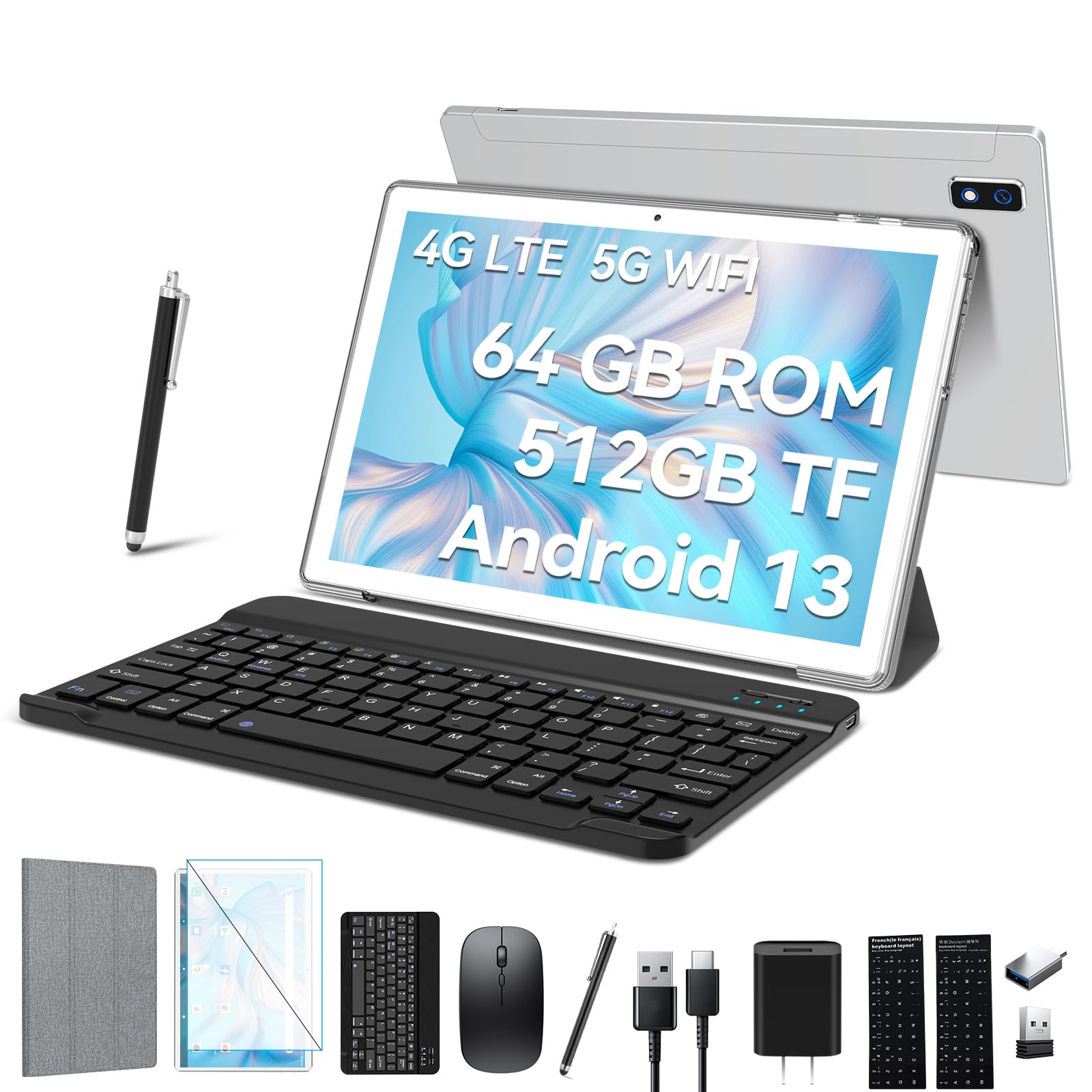 2025 Android 13 Tablet 10.1 Inch - Dual 4G LTE Cellular Tablet with 64GB ROM + 512GB Expandable Storage, Octa-Core Processor, 13MP Dual Camera, 1080P FHD Display - Includes Keyboard, Mouse & Stylus Pen (GPS/WiFi/Bluetooth) - Perfect for Work, Study & Entertainment (Silvery)