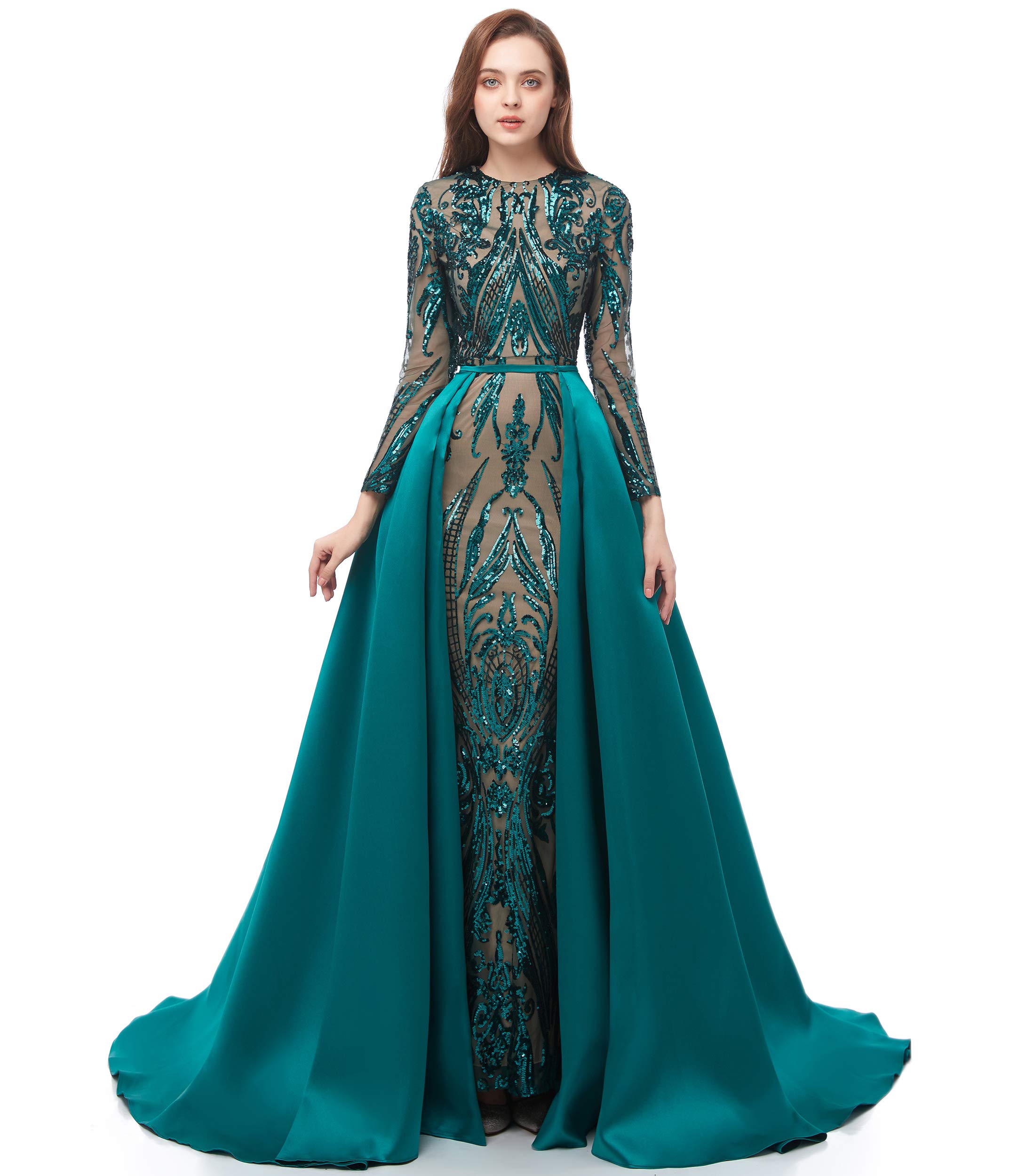Elegant Long Sleeve Sequin Prom Dress with Detachable Skirt - Sparkly Mermaid Pageant Gown for Evening Gala, Homecoming, Wedding & Formal Events