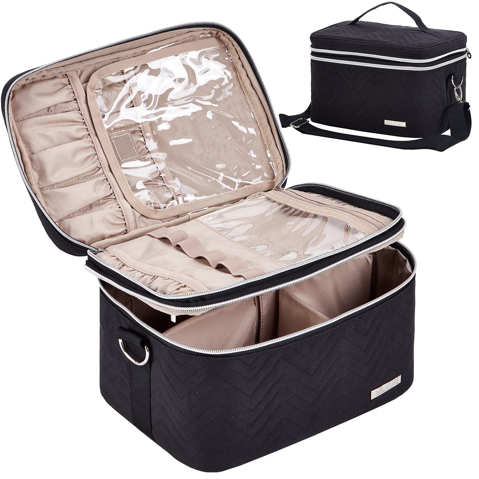 BELALIFE Double Layer Travel Makeup Bag - Large Portable Cosmetic Organizer for Brushes & Toiletries with Adjustable Straps (Black) | Perfect for Vacation, Gym & Everyday Use