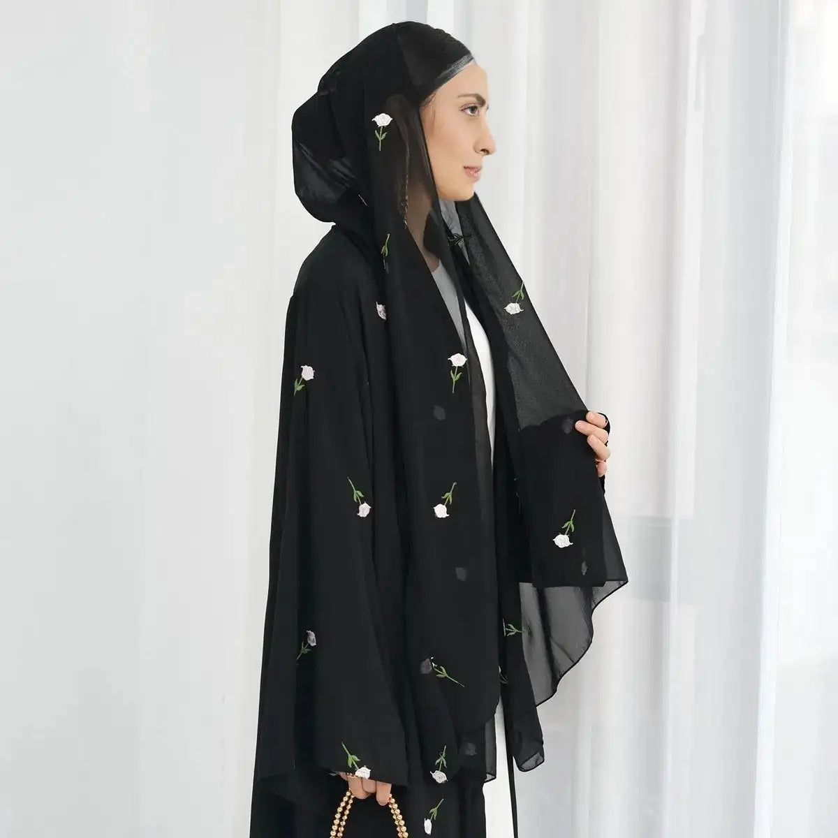 Elegant Floral Embroidered Nida Cardigan Open Abaya Dress with Matching Hijab - Perfect for Modest Fashion, Prayer Wear & Special Occasions